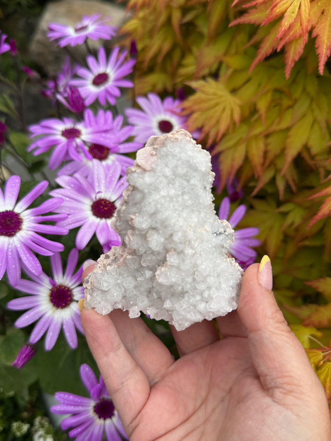 Rhodochrosite on Quartz Stalactite Specimen from Guangxi