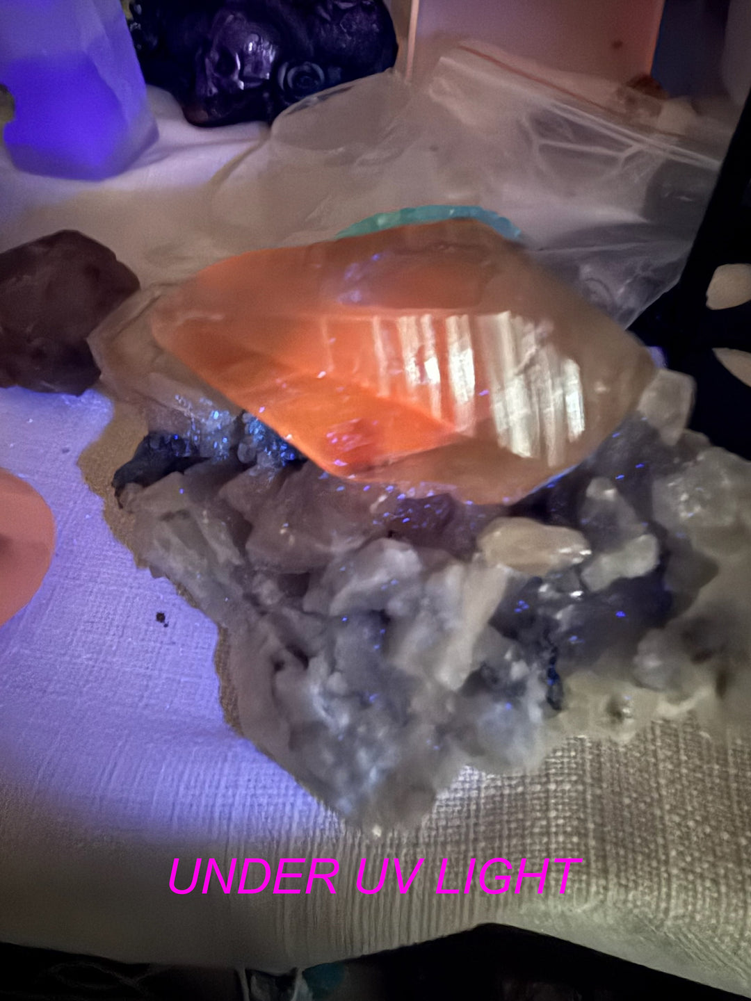 Large Uv Reactive Honey Calcite on Calcite Specimen