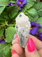 Load image into Gallery viewer, Candle Quartz Point with Uv reactive Calcite and Specular Hematite
