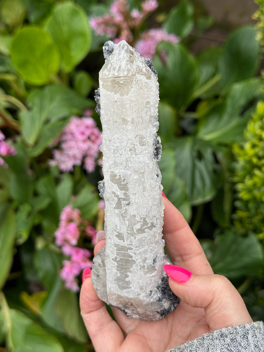 Large Candle Quartz Point with Uv reactive Calcite and Specular Hematite