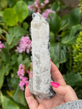 Load image into Gallery viewer, Large Candle Quartz Point with Uv reactive Calcite and Specular Hematite
