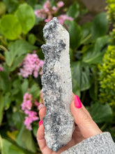 Load image into Gallery viewer, Large Candle Quartz Point with Uv reactive Calcite and Specular Hematite
