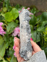 Load image into Gallery viewer, Large Candle Quartz Point with Uv reactive Calcite and Specular Hematite
