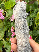 Load image into Gallery viewer, Large Candle Quartz Point with Uv reactive Calcite and Specular Hematite
