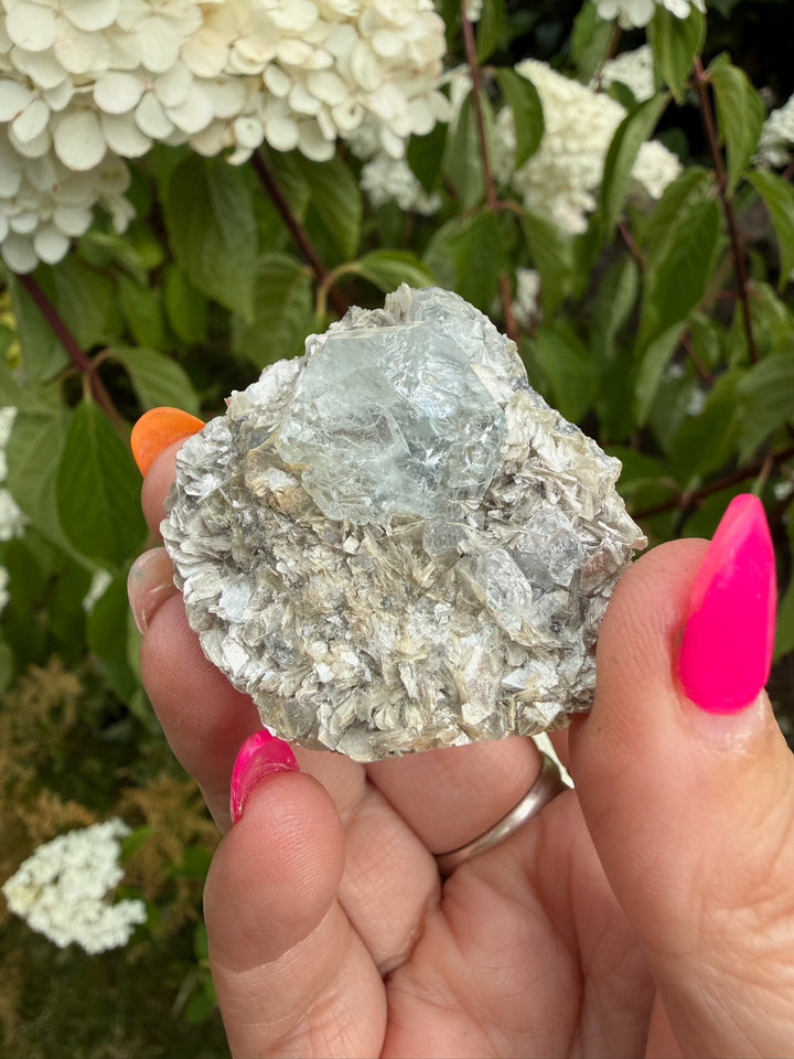 Clear Blue Goshenite Beryl and Mica Specimen from Xuebaoding