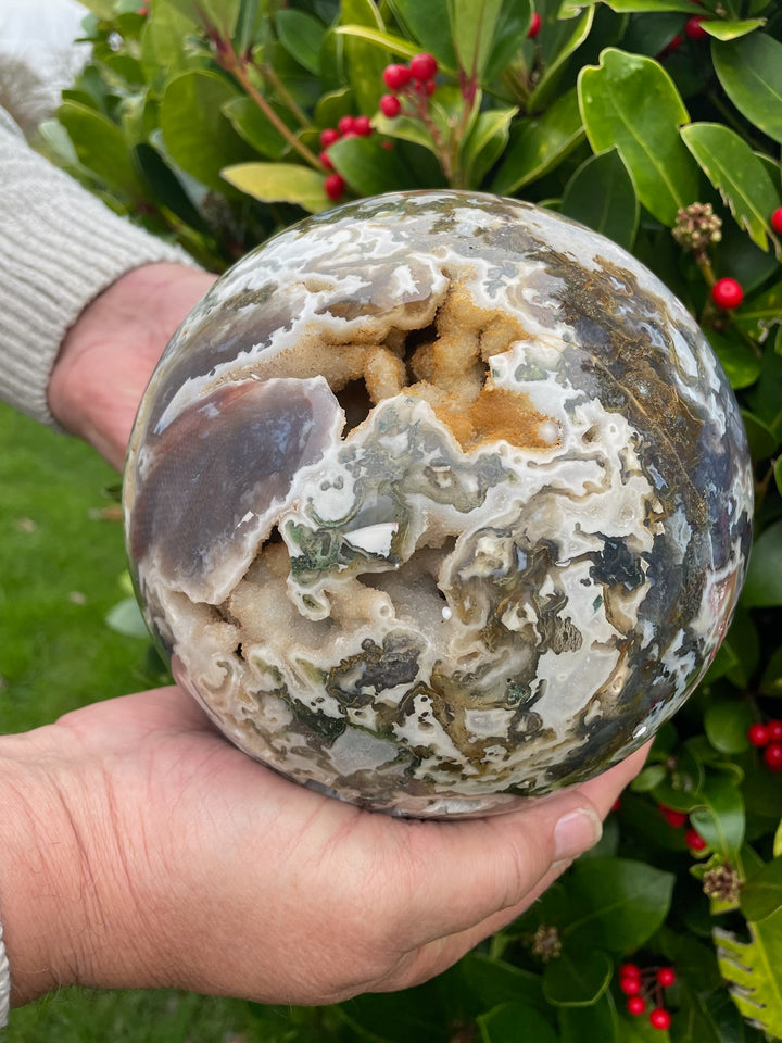 Large Druzy Moss Agate Sphere with Lilac