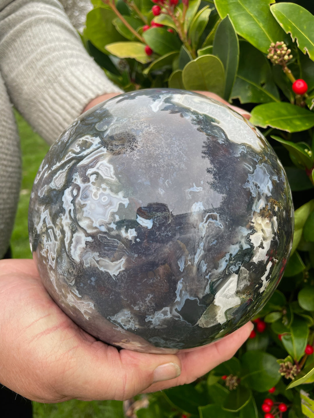 Large Druzy Moss Agate Sphere with Lilac