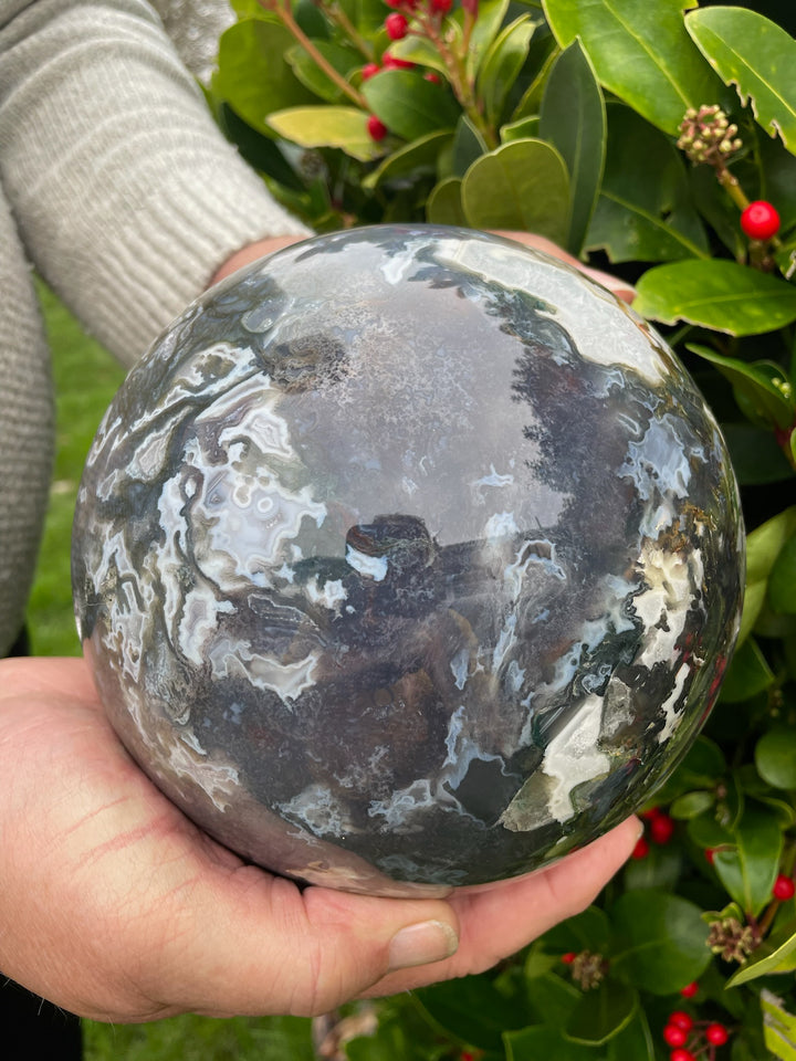 Large Druzy Moss Agate Sphere with Lilac