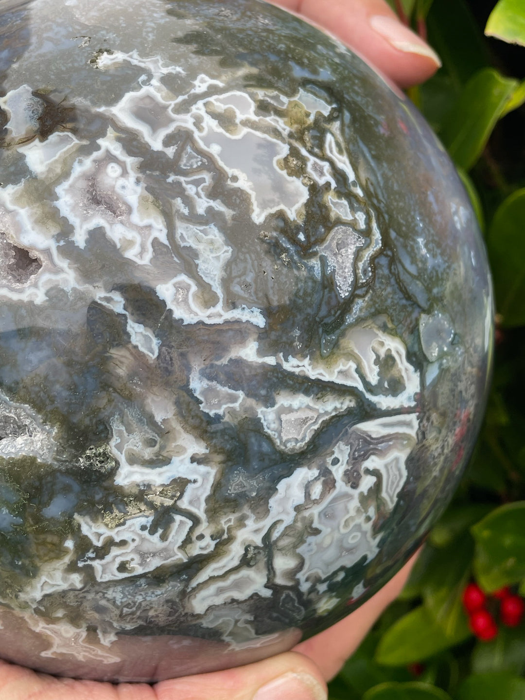 Large Druzy Moss Agate Sphere with Lilac