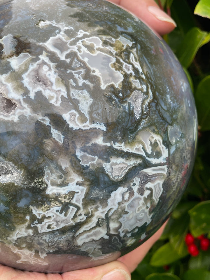 Large Druzy Moss Agate Sphere with Lilac