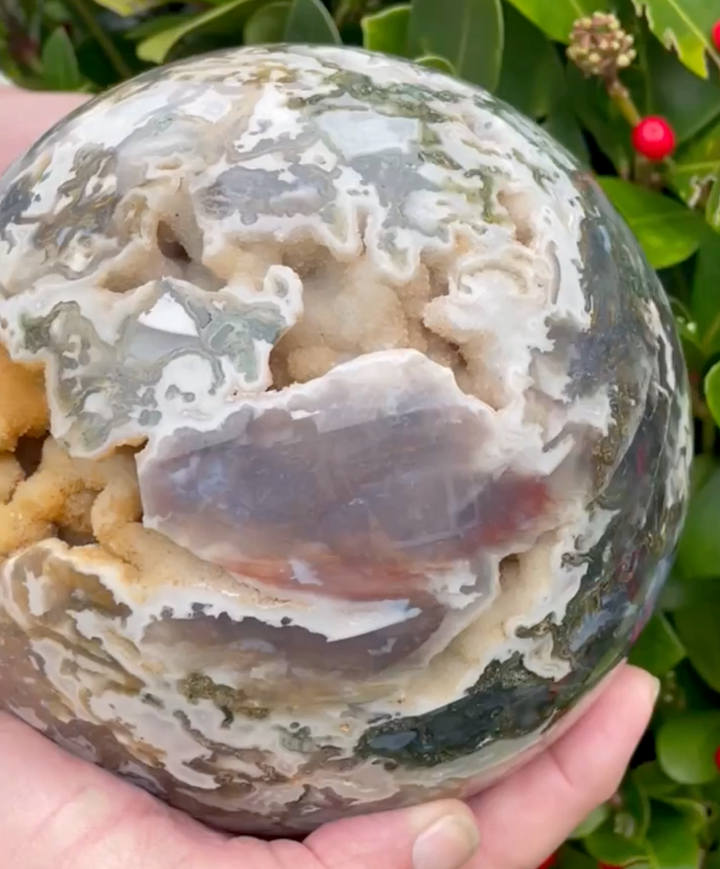 Large Druzy Moss Agate Sphere with Lilac