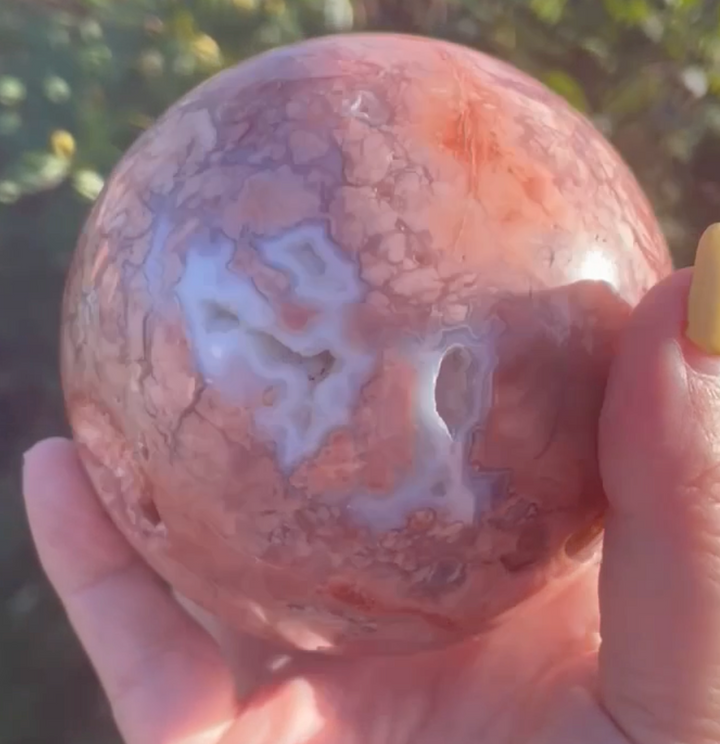 Large Pink Agate and Chalcedony Sphere with Druzy