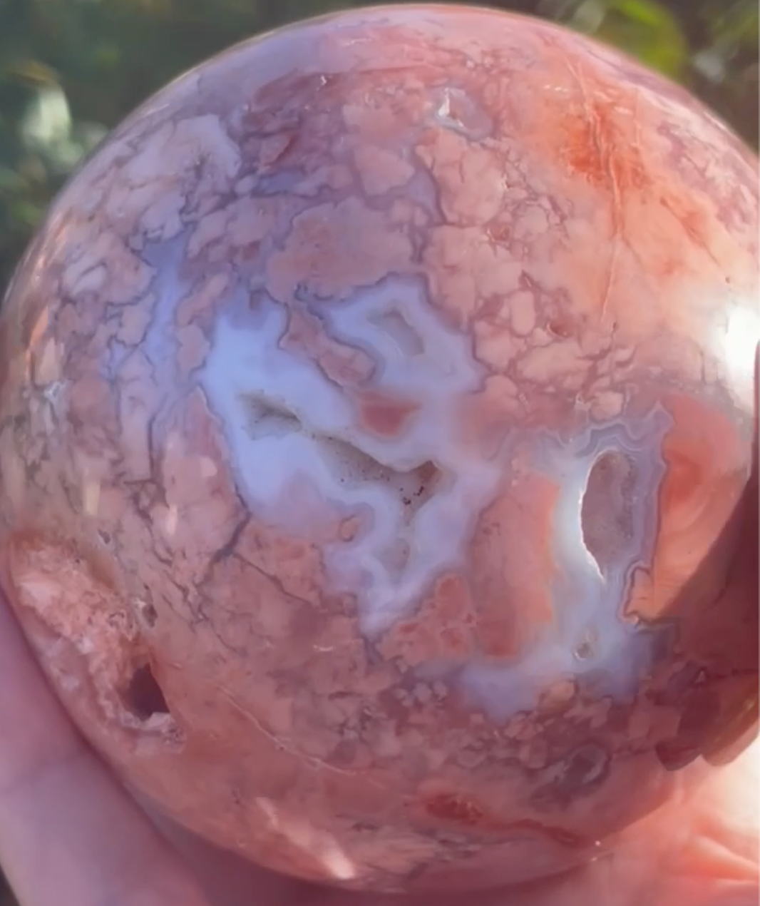 Large Pink Agate and Chalcedony Sphere with Druzy