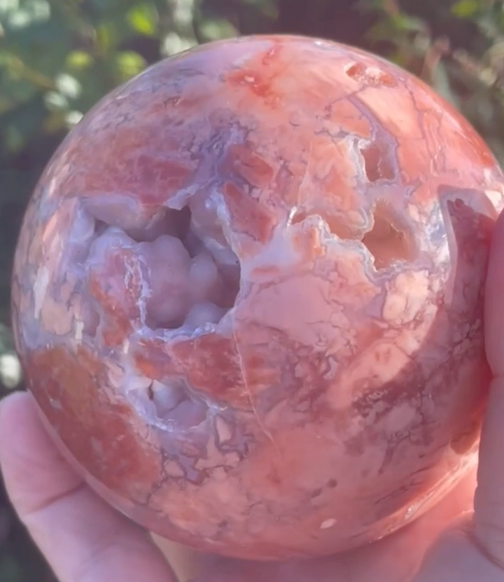 Large Pink Agate and Chalcedony Sphere with Druzy
