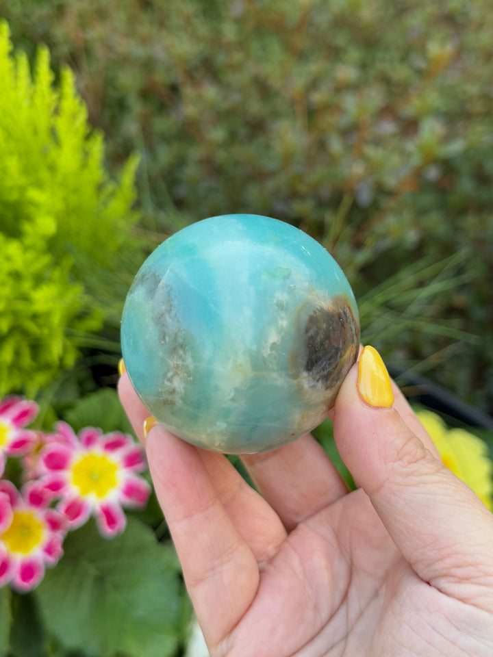 Blue calcite and Tourmaline Sphere