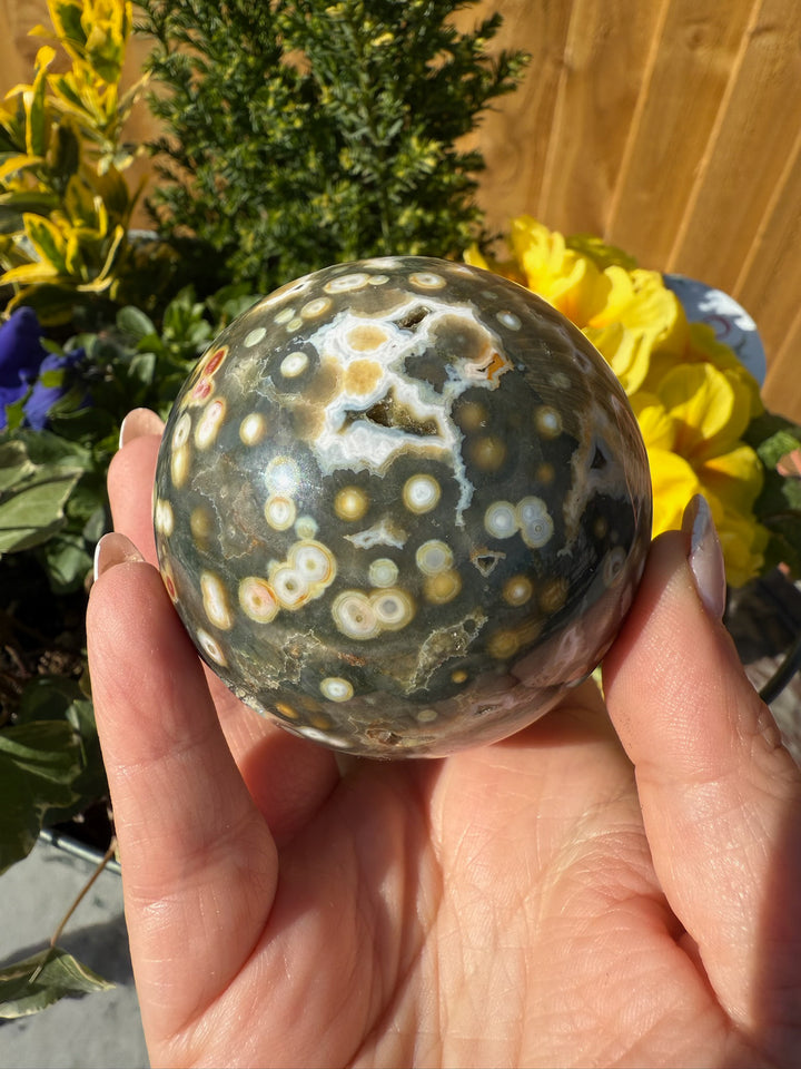 8th Vein Ocean Jasper Sphere with Druzy 6.3cm Dia