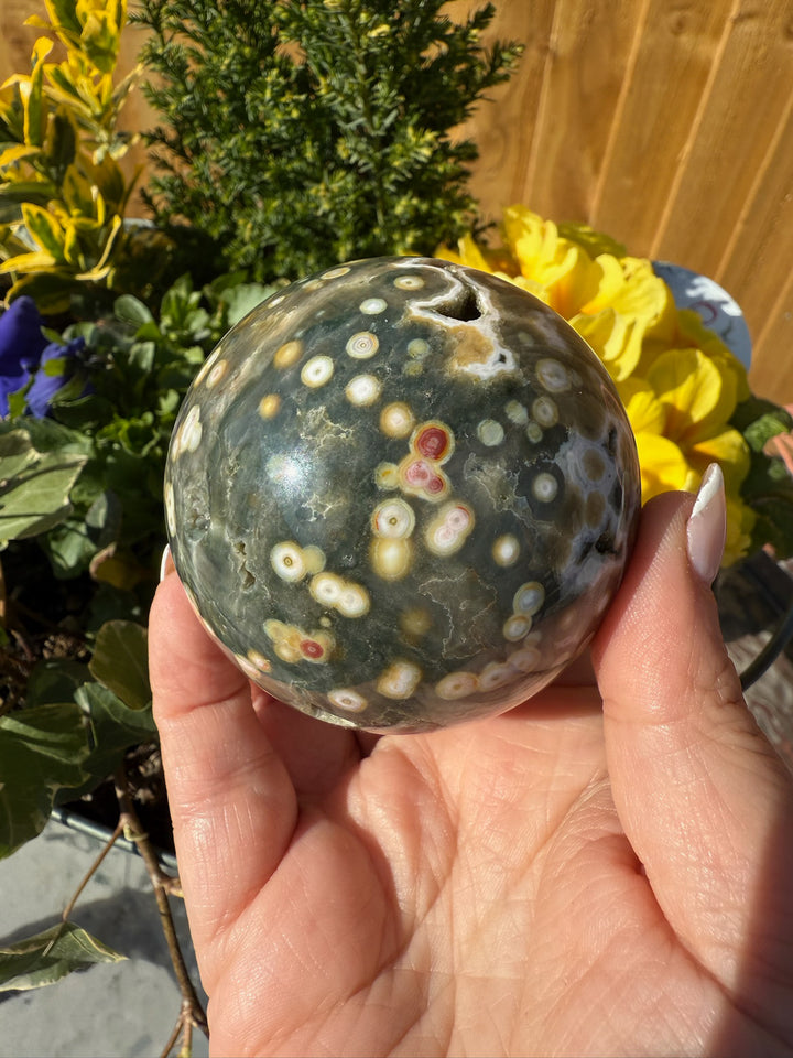 8th Vein Ocean Jasper Sphere with Druzy 6.3cm Dia