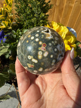 Load image into Gallery viewer, 8th Vein Ocean Jasper Sphere with Druzy 6.3cm Dia
