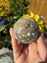 Load image into Gallery viewer, 8th Vein Ocean Jasper Sphere with Druzy 6.3cm Dia
