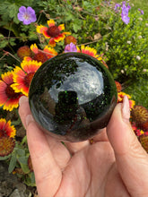 Load image into Gallery viewer, Sparkly Green Goldstone Sphere 6.3cm Diameter
