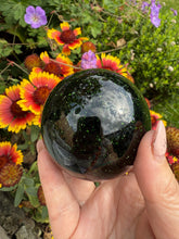 Load image into Gallery viewer, Sparkly Green Goldstone Sphere 6.3cm Diameter
