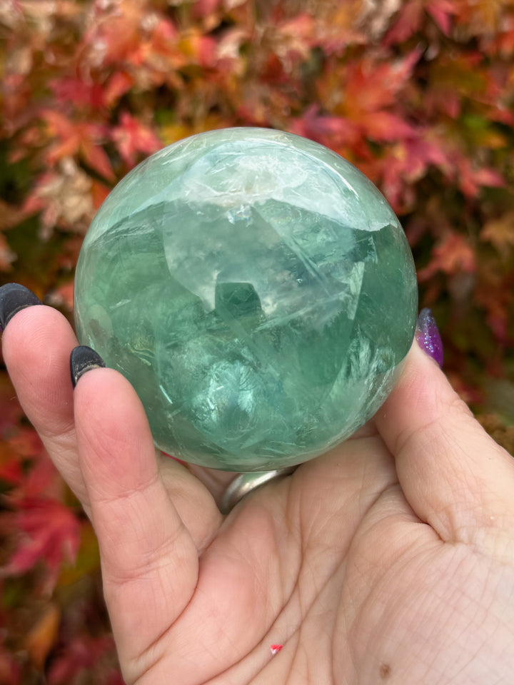 Green Fluorite with Feathers Sphere 6.5cm Diameter