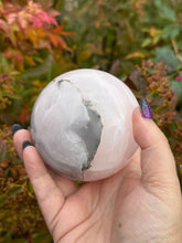 Load image into Gallery viewer, UV Reactive Smoky Mangano Calcite Sphere 8cm Diameter
