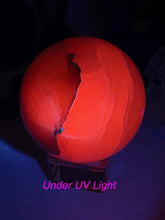 Load image into Gallery viewer, UV Reactive Smoky Mangano Calcite Sphere 8cm Diameter
