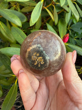 Load image into Gallery viewer, Clear and Smokey Fluorite with Pyrite Sphere 5.6cm dia
