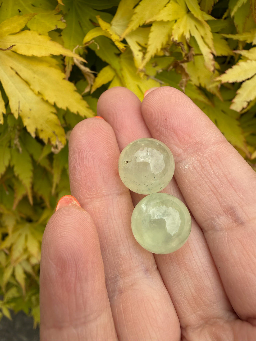 Two Mini Prehnite Spheres 1.3cm Dia