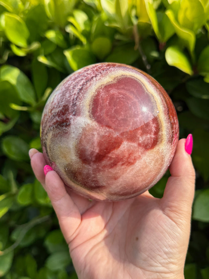 Large Banded Pink Calcite Sphere 10cm Dia