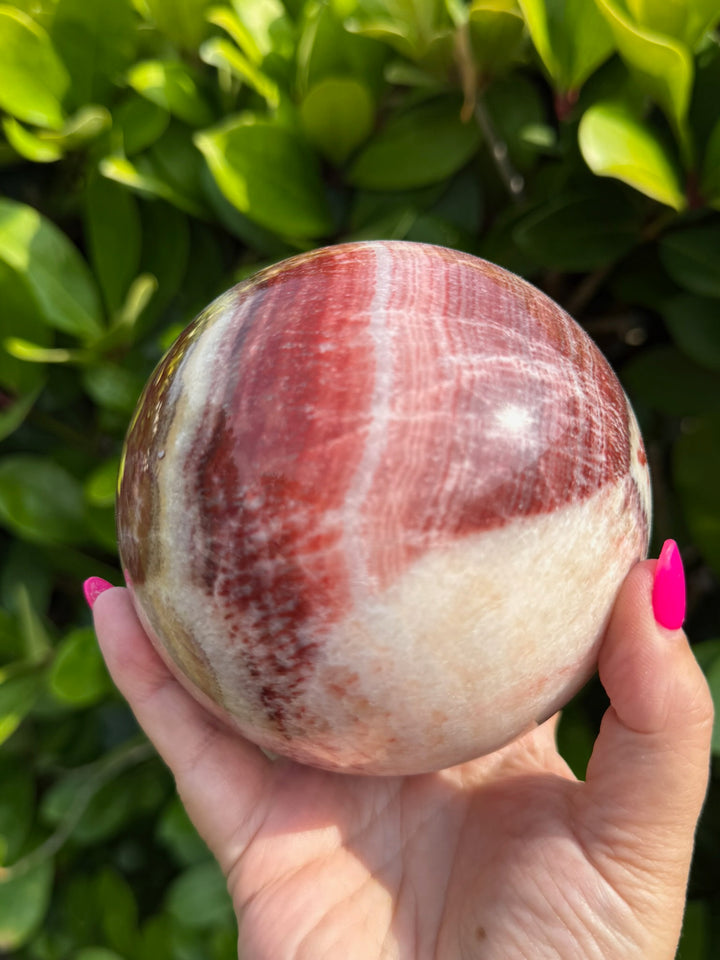 Large Banded Pink Calcite Sphere 10cm Dia