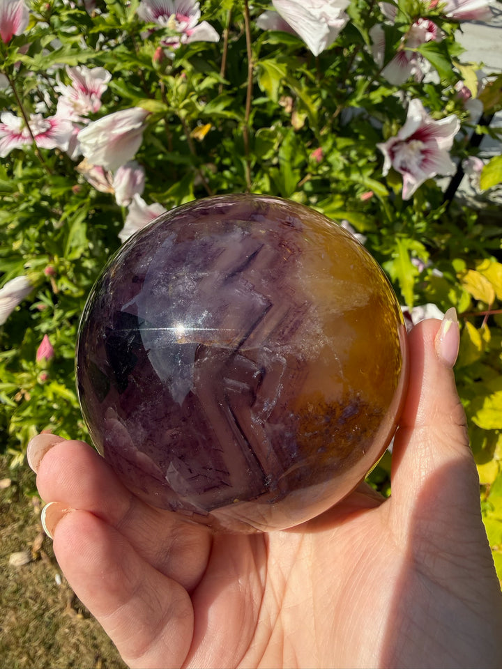 Quality Purple and Yellow Fluorite Sphere 8.4cm Dia