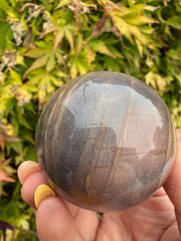 Black Moonstone and Sunstone Sphere from India 4.7cm Dia