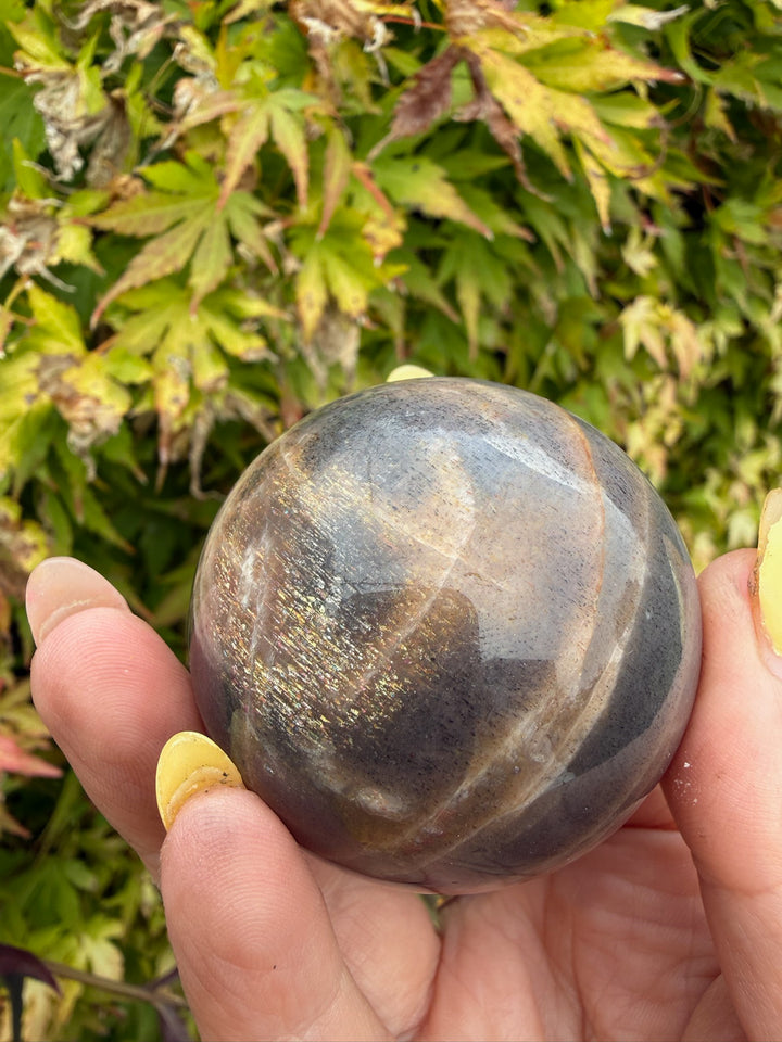 Black Moonstone and Sunstone Sphere from India 4.7cm Dia