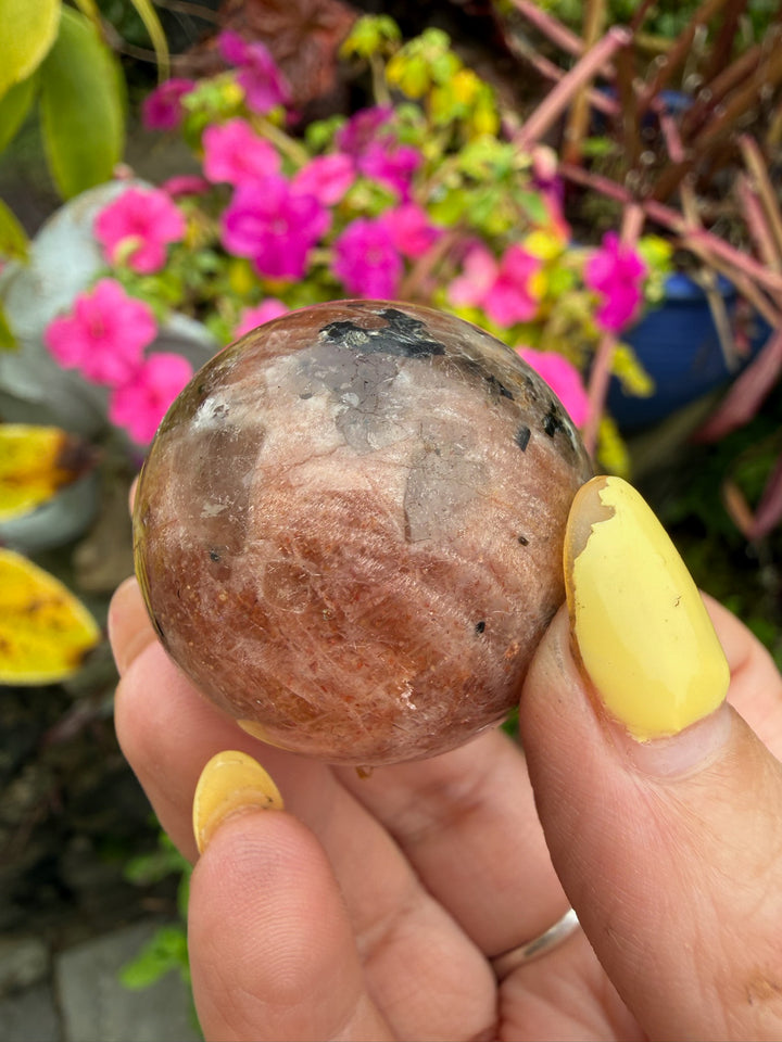 Sunstone with smoky Quartz and Tourmaline Sphere from Madagascar 3.3cm Dia
