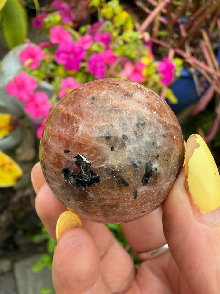 Sunstone with smoky Quartz and Tourmaline Sphere from Madagascar 3.3cm Dia