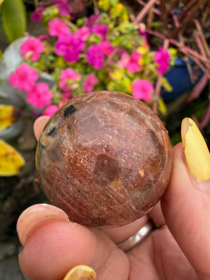 Sunstone with smoky Quartz and Tourmaline Sphere from Madagascar 3.3cm Dia