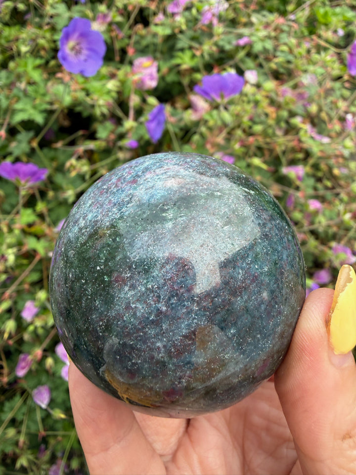 Uv Reactive Ruby in Kyanite and Zoisite Sphere from India 5.5cm Dia