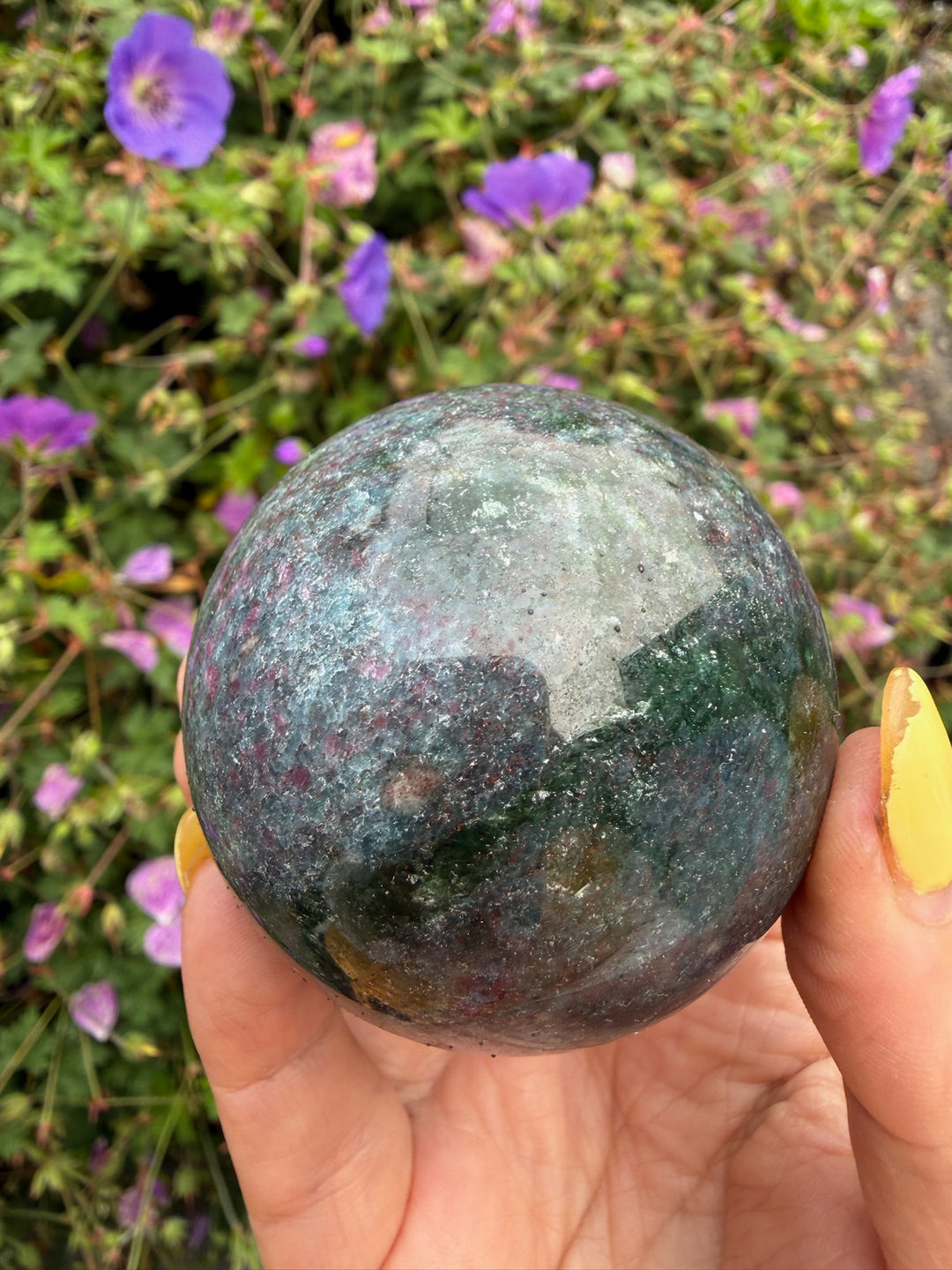 Uv Reactive Ruby in Kyanite and Zoisite Sphere from India 5.5cm Dia