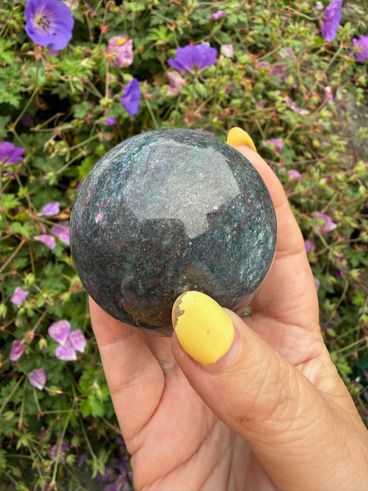 Uv Reactive Ruby in Kyanite and Zoisite Sphere from India 5.5cm Dia