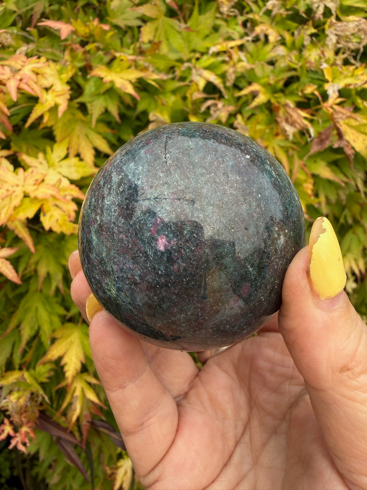 Uv Reactive Ruby in Kyanite and Zoisite Sphere from India 5.5cm Dia