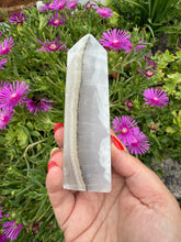 Load image into Gallery viewer, UV Reactive Smoky Mangano Calcite Tower Carving
