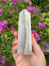 Load image into Gallery viewer, UV Reactive Smoky Mangano Calcite Tower Carving
