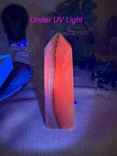 Load image into Gallery viewer, UV Reactive Smoky Mangano Calcite Tower Carving
