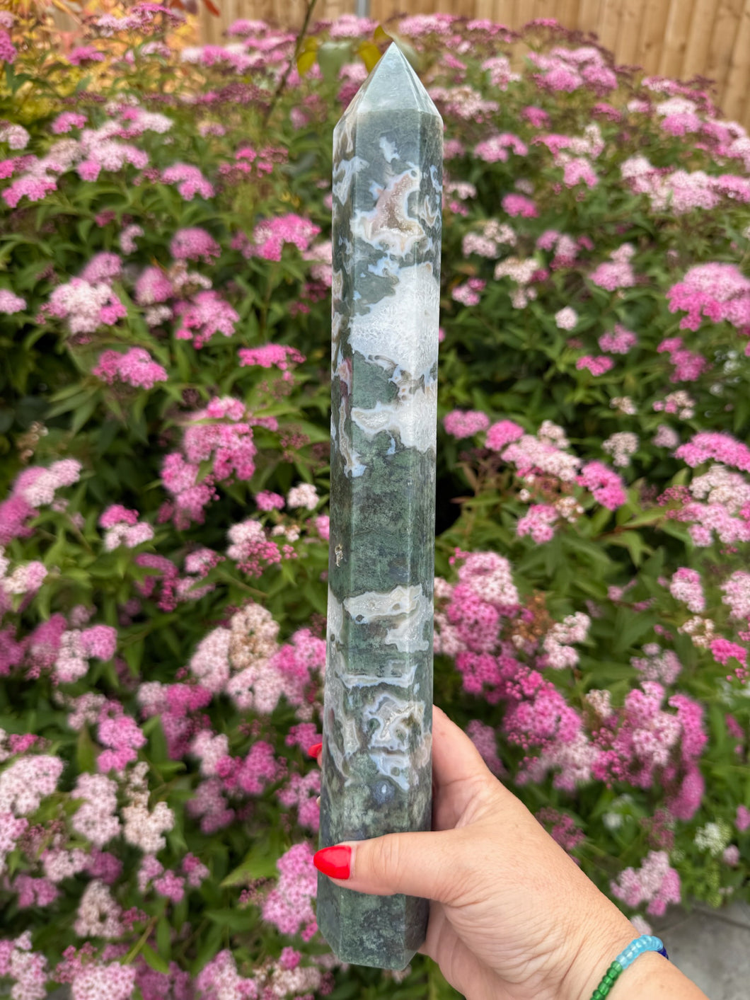 Large moss Agate Tower Carving