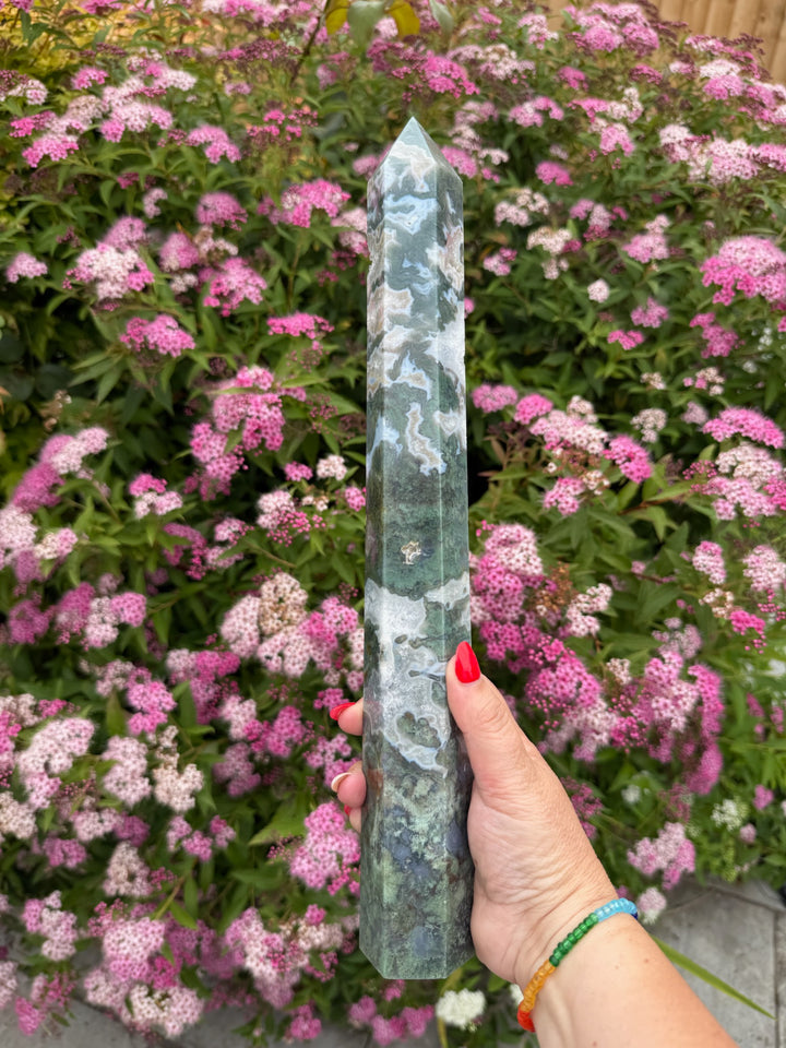 Large moss Agate Tower Carving