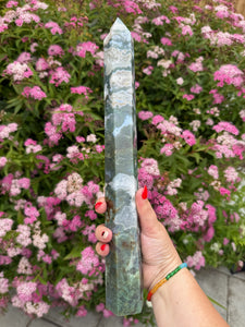 Large moss Agate Tower Carving
