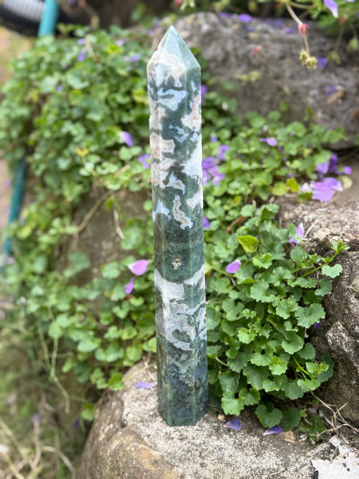 Large moss Agate Tower Carving