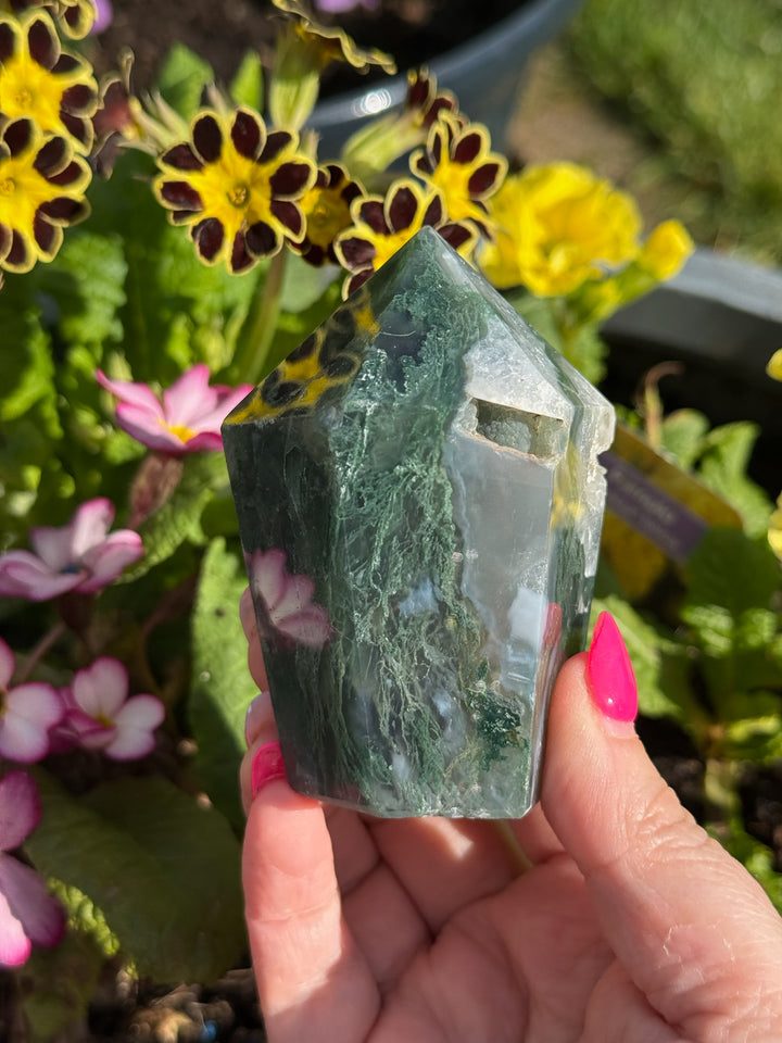 Moss Agate Tower with Druzy Quartz